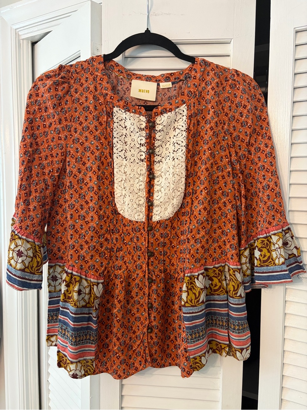 Anthropologie Maeve Orange Printed Peasant Blouse with Cream Lace Bib